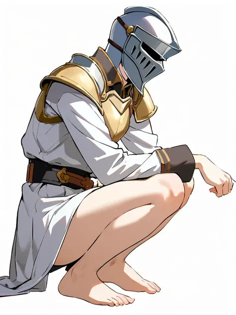 16k works,highest quality,16 years old,no background.White background only.knight,full body,barefoot,squatting