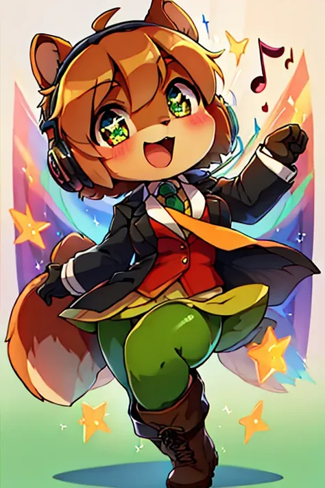 boy, squirrel, furry, bodyfur, blazer, bottomless, green tights, gloves, boots, chibi, sparkling eyes, idol, dancing, singing, headphone