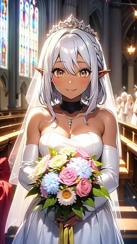 1 elf girl, dark skin, golden colored contacts, beautiful silver hair, bob hair, pointed ears, pink lips, white wedding dress, wedding veil, bouquet, happy smile, church,