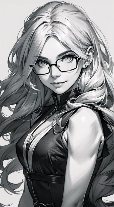 sketching，pencil drawing，Portrait of a Young Woman，longwavy hair，ssmile，Professional Dress，eye glass，Black and white picture，Black and white art，Black and white illustration，super-fine，Hair is carefully described，The eyes are carefully depicted，best qualti...