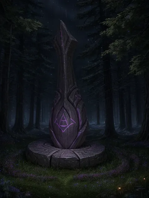 night，Pitch black forest（Detailed background:1.2),High Detail, A huge rune stone（purple runes），A colorful glowing epiphyllum。