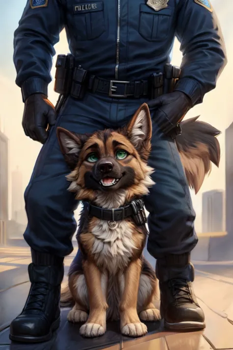 [d=" female, feral, slim, blue  dog's shirt with police department's logo, fluffy, german_shepard:1.15, cute, green eyes"]. d is...