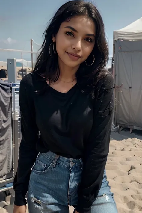 24 age girl, little dark skin, black hair, black eyes, earrings, rose lipsticks, angel, beautiful, realistic, high quality, lovely, portrait medium distance shot. playing volleyball on beach , sea on background, with short denim trousers, random shot, rand...