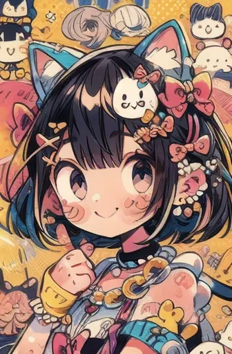 1girl, short hair, hair over eyes, white eyes, nervous smile, cat ears, cat tail, hair bows, face stickers, blush, short dress, detached sleeves, pearl necklace, high sandals, cute makeup, masterpiece, fingerless gloves, spiky bracelet, hair stickers,