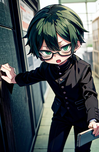 1boy, short green hair, round black glasses, green eyes, tuxedo, long black pants, black shoes, green top, open mouth, holding clipboard