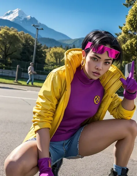 jubilee, short black hair, brown eyes, purple shades on head, hoop earrings, denim shorts,open yellow jacket,blue gloves, pink s...