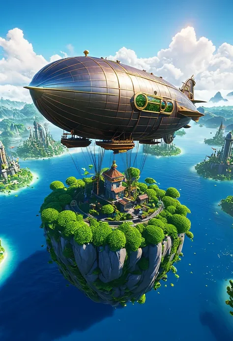 Many islands are floating in the air、A small airship is flying around。, City, Fantasy, A magical plant grows, Extreme Detail, Realistic Light, A magnificent composition, (Intricate details), (Intricate Design, Super detailed :1.2), Art Station, (masterpiec...