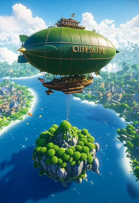 many islands are floating in the air、a small airship is flying around。, city, fantasy, a magical plant grows, extreme detail, re...