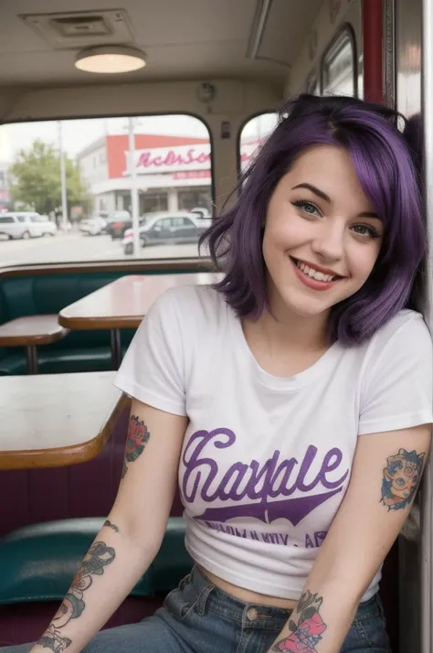 street photography photo of a young woman with purple hair, smile, happy, cute t-shirt, tattoos on her arms, sitting in a 50s diner 