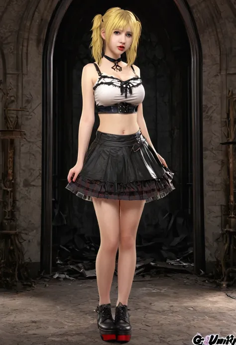 big breastsのメイド服を着た14歳の少女 (gothic style) torn skirt、golden body proportions、disheveled blonde hair (inward-splayed feet) (highly...