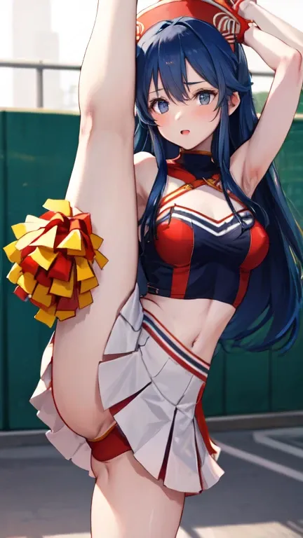 masterpiece, best quality,  def_lilina, cheerleader, standing on one leg, {leg_lift}, 1 girl, {{{standing_split}}}