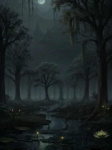 night，Dark Swamp（Detailed background:1.2),High Detail,Low willow tree ，Green poisonous fog，Lotus，Black muddy water。