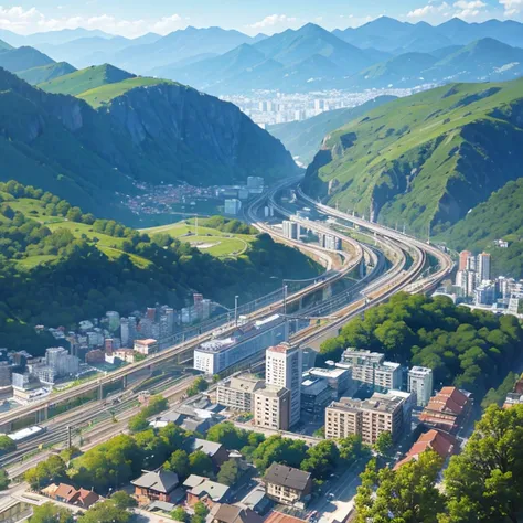 Big city in the mountains、Buildings、Railway lines from four directions