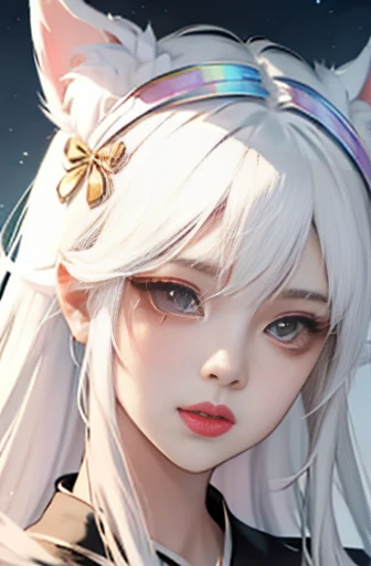 Anime girl white hair rainbow bow, , Beautiful character painting, , Stunning anime face portrait handsome royal sister dog ears