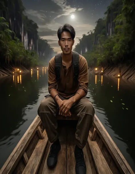 Far angle portrait photography of a traditional wooden boat boarded by a handsome Asian man wearing a brown shirt, black cargo pants, and black sneakers. His face is facing the camera with a faint smile, set in the swamp river of Kalimantan with a backgrou...