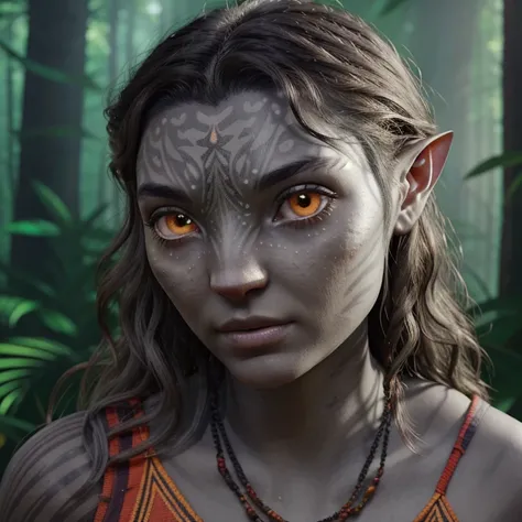 avatar style, portrait:1.6, 1girl, female, (glowing orange eyes), pointy ears, (gray skin tone:1.0), (wavy hair:1.2), black hair color, (young adult), 18 years old:1, face wrinkles, wearing tribal clothing, (wearing a top), detailed eyes, toned body, muscl...