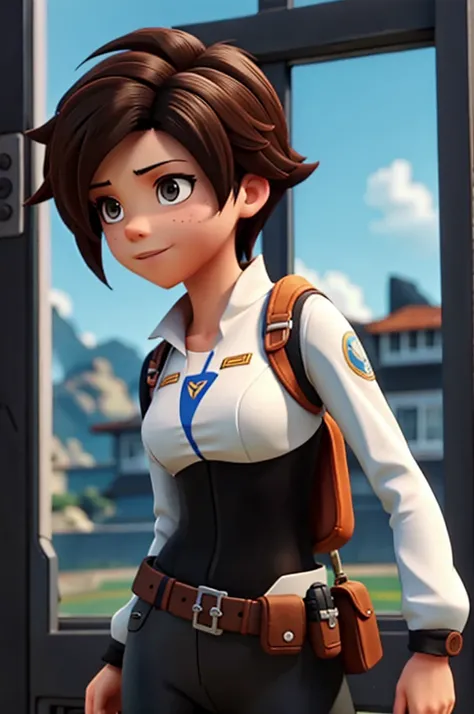 Tracer, tracer from overwatch, wearing tight clothes, in sunny day , wet, wet clothes, noticable body, nipples, cute, sexy, hot, sweaty, masterpiece, best quality,