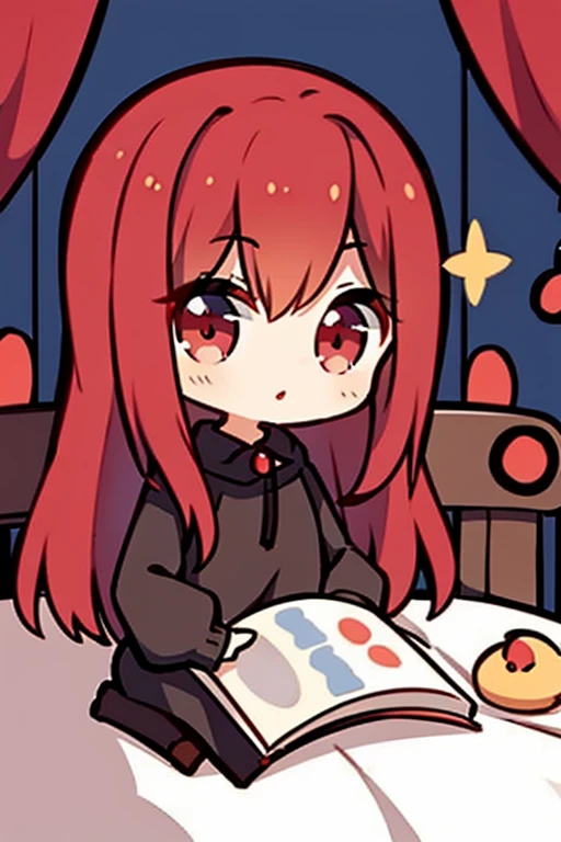 A red haired woman with red eyes with an hourglass figure in a cute sweatshirt dress is reading in bed