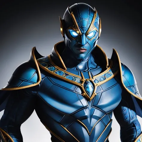 Behold the majestic image of the Blue Beetle superhero, a perfection of detailed design and vibrant colors. With a sleek blue exoskeleton and intricate gold accents, every line and contour is captured in ultradetail and photorealistic perfection. His pierc...