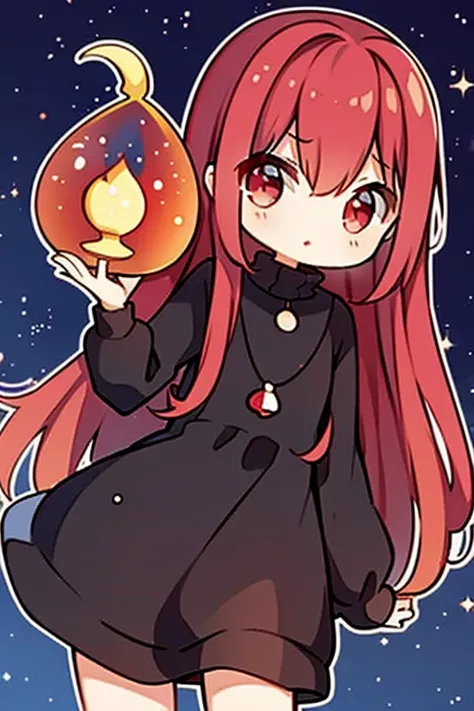 A red haired woman with red eyes with an hourglass figure in a cute sweatshirt dress is holding a star in the night sky