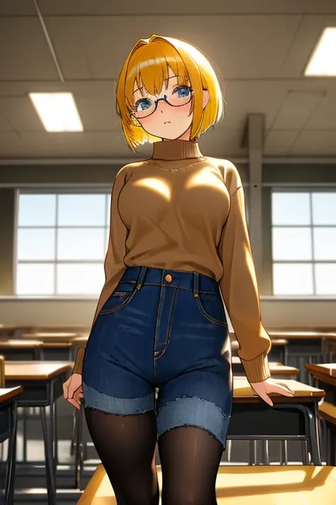 masterpiece, best quality, 1 girl, (14 years old),Brown sweater, denim hot pants, and black tights,yellow hair, short hair, hime cut, blue eyes, {{glasses}}, {{big breasts}},in class room