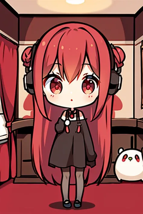 A red haired woman with red eyes with an hourglass figure in a cute sweatshirt dress is listening to music in her room