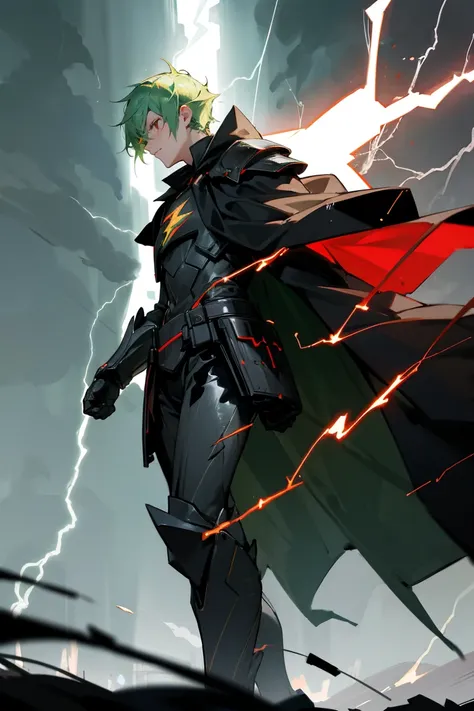 1 male, bright green hair, good guy, red eyes, sith clothing, dark clothing, armored suit, black cape, battle background, war ba...