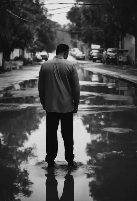 Cinematic photo of a 36 year old Indonesian man, staring into a puddle of water, the reflection of the SUPERMAN image replaces the original reflection, with a gray and BLUE village road background, the main subject is highlighted, the illusion of reflectio...