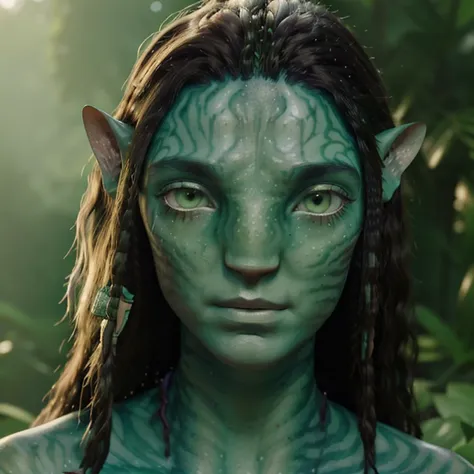 avatar style, (face portrait:1.6), 1girl, female, (avloak), glowing blue eyes, pointy ears, (green skin tone:1.0), (curly hair:1...