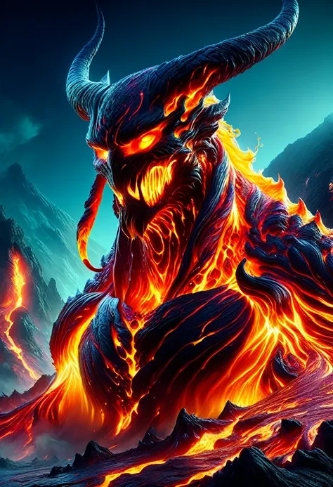 Lava Demon, ral-lava, LavaRay, Demon made entirely of lava, (best quality, highres, ultra-detailed:1.2), intense, fiery, and fearsome Lava Demon, glowing red eyes, sharp fangs and claws, towering over the landscape, surrounded by swirling magma, molten riv...