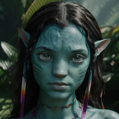 avatar style, (face portrait:1.6), 1girl, female, (avloak), glowing blue eyes, pointy ears, (green skin tone:1.0), (wavy hair:1....