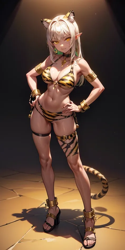 (Masterpiece, best quaility, 4k) (black gyaru darkest skin) (pointy ears) (tiger tail) (Selvaria Bles) wearing yellowish tiger print bikini, hands on hips, full body golden = (shackles wristbands, chains, bracers, handcuffs) leather collar choker, metal sa...