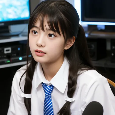 1 girl, He is sitting on a chair in the broadcasting room and speaking into a microphone.、alone, Japanese High School Girls, 18-year-old, (highest quality, Realistic, High resolution, 8k, Very detailed, Detailed face, Shiny skin), Japanese , Collared shirt...