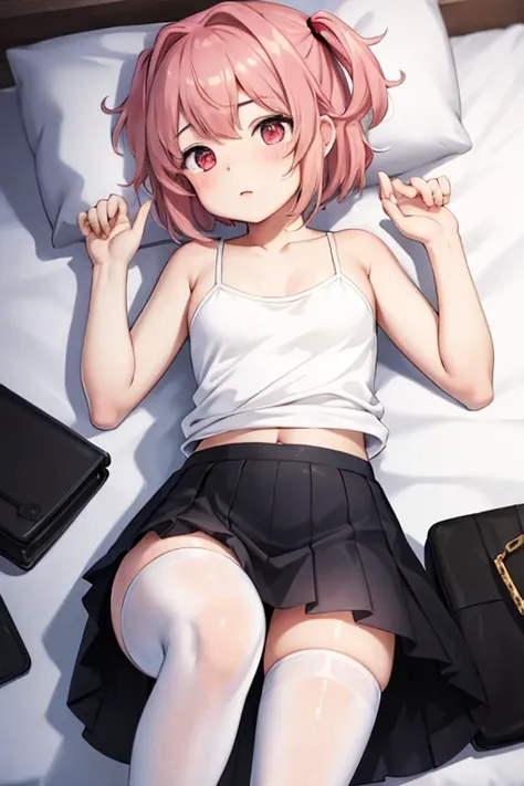 Top quality，Ultra-detailed CG art，big eyes，masterpiece, best quality, HD, down，1 Girl，short and small，Flirty，Red eyes， Pink Hair,，Hairpin, Wear a white T-shirt，Wearing a black pleated skirt，White fat，Lying on the bed with bare shoulders, bedroom, Shy, blus...