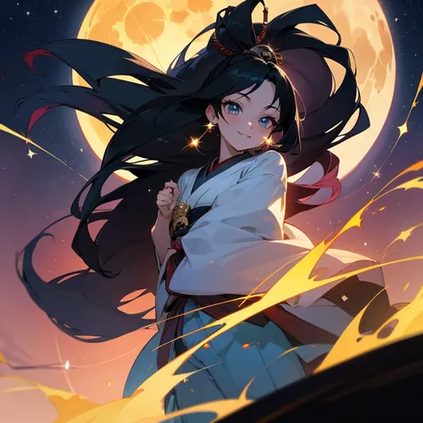 An anime-style beauty, around 20 years old, Japanese, with long black hair, vivid eyes that sparkle, a smiling face, set against a nighttime backdrop with a full moon and a beautiful starry sky.