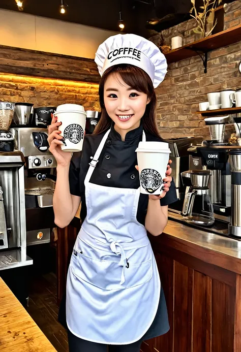 Solo, Female Mascot, Star Butts Coffee Logo, (round shape with a star design), (wearing a barista uniform with an apron and a coffee bean hat), (big, striking, and expressive eyes with a twinkle of happiness), (holds a steaming cup of coffee with one hand)...