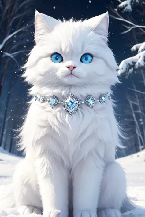 fluffy white animal, with crystal fur, shiny fur, big eyes. sitting in the snow. stylization,hyperdetalization,large polans