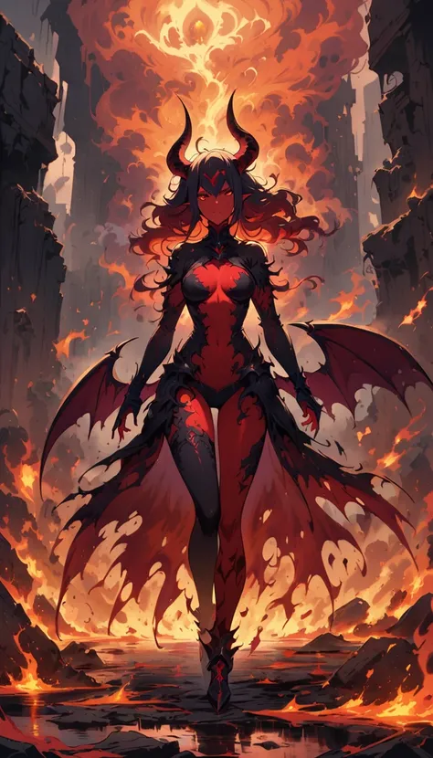 female Lava Demon,dark fantasy setting,red eyes,fiery Devil Wings,sharp horns,red Lava skin,ominous atmosphere,smoke and fire swirling around,casting shadows, intense heat,crumbling ruins,Standing on the melting lava river,gloomy lighting,red and orange co...