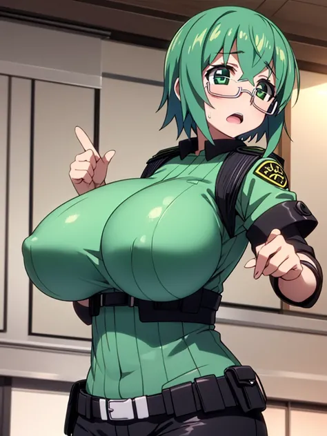 1girl, masterpiece, best quality, highres, high quality, maya yamada, short hair, (green eyes:1.3), green hair, glasses, semi-rimless eyewear, under-rim eyewear, tre anatomically correct, perfect body, tight thight, curvy, huge breasts, massive breasts, sa...