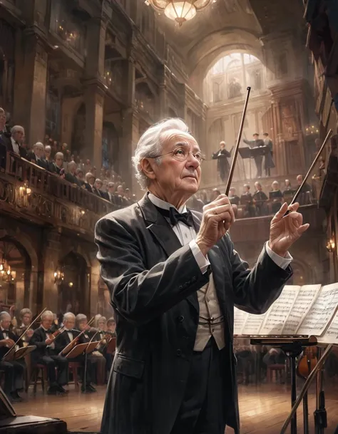 Hyper realistic, stunning art, close up face, The scene of a skilled elderly conductor is one of a stage brimming with years of experience and passion. His hands are sure, his fingers delicately maneuvering the baton. The orchestra responds to his every ge...