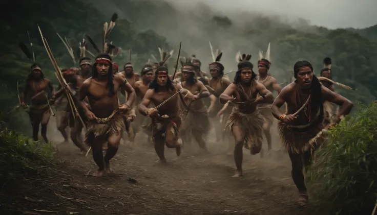 dozens of indigenous warriors from South America, attacking a line in the middle of the Atlantic forest