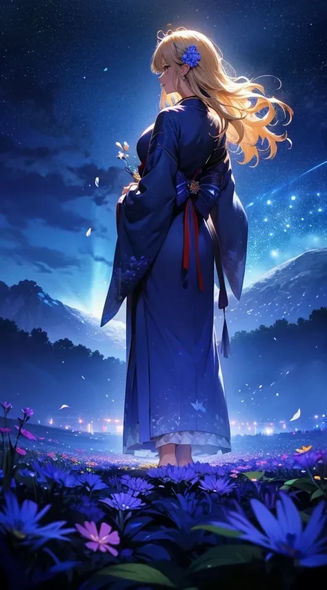 １people々,blonde long-haired woman，blue kimono， dress silhouette， rear view，space sky, flower field，colorful flowers，fluttering p...