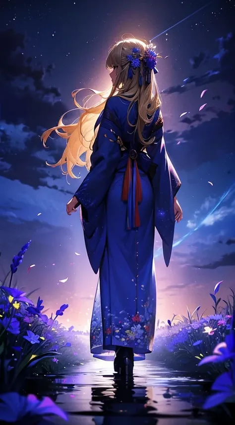 １people々,Blonde long-haired woman，Blue kimono， Dress Silhouette， Rear View，Space Sky, Flower Field，Colorful flowers，Fluttering petals，