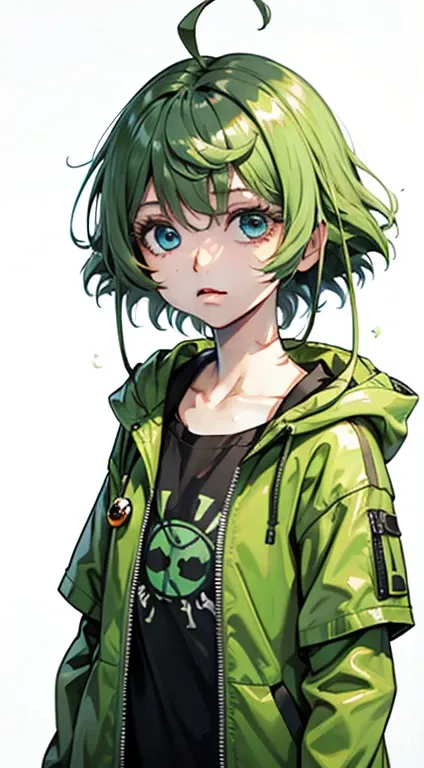 （masterpiece, best quality,8K,CG）,1girl,short hair, (black hair |green  hair)， rainbow color haircolorful hair，Gradual hair color，
(Transparent plastic jacket:1.2)，Black T-shirt,(simple background:1.2)   ,shiny, light particles, mole under eye, hair bobble...