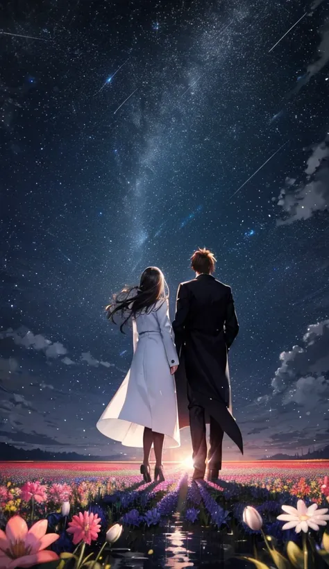 starry sky，animated scene of a couple standing in a flower field,back view，i can't see facial expressions，the man is wearing a l...