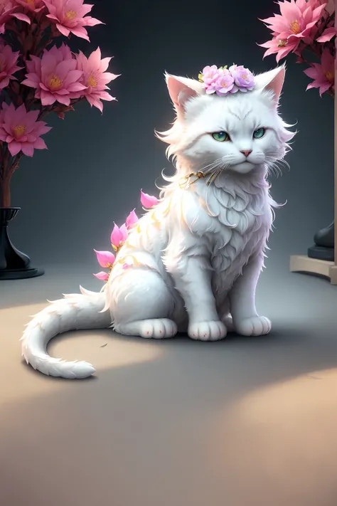 Faris Style, alone, hair ornaments, close your eyes, flower, wing, horn, Cat, white Cat, Dragon-Cat, hair flower, No humans, gem, Dragon, scale, eastern Dragon, Movie angle, Cinema Lighting, Shorthand, Depth of written boundary, Detailed Background, master...