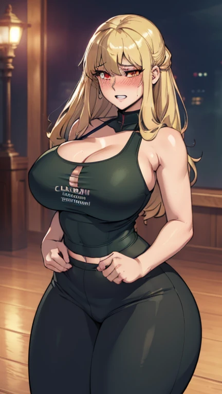 (better quality:1.3), (4k quality), Good composition, Green glow, whole body, Headrest, Lips, (Pretty Face, Low-tied long hair, ((Red_Eye:1.3)), (sky:1.2),your, (to grin) ,(((blush))))), ((Large Breasts)), Breast sagging, Huge breasts, Thick thighs, Gym, e...