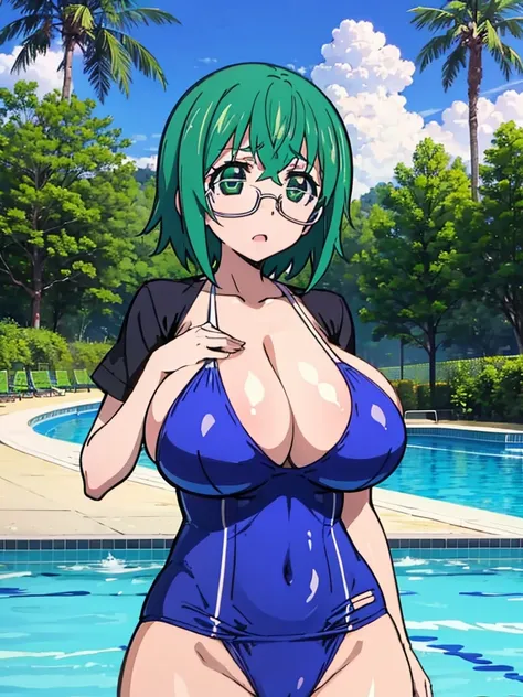 1girl, masterpiece, best quality, highres, high quality, maya yamada, short hair, (green eyes:1.3), green hair, glasses, semi-rimless eyewear, under-rim eyewear, tre anatomically correct, perfect body, tight thight, curvy, huge breasts, massive breasts, sa...