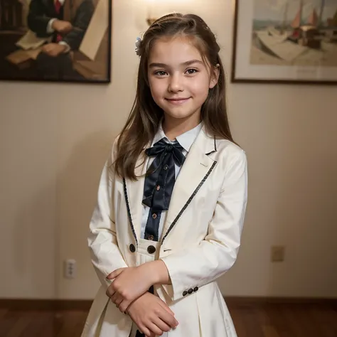 (best quality)), ((masterpiece)), (detailed), perfect face, 12 years old, caucasian, young girl, dressed formally, smiling, Canon EOS 5D Mark IV DSLR, f/5.6 aperture, 1/125 second shutter speed, ISO 100 --ar 2:3 --q 2 --v 4