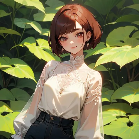 Reddish brown hair、Pixie Cut、Bob、Nape、Short nape、White lace high neck long sleeve blouse、Black jeans、Long eyelashes、smile、fine、young、delicate、10th Generation、Slender girl、Earrings、Livelinesodest chest、